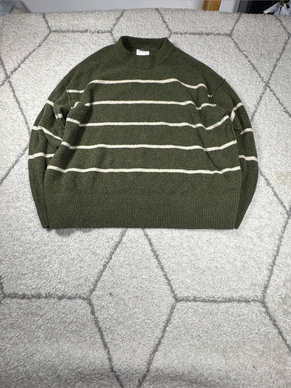 aerie Olive Green Crewneck Sweater with Cream Stripes